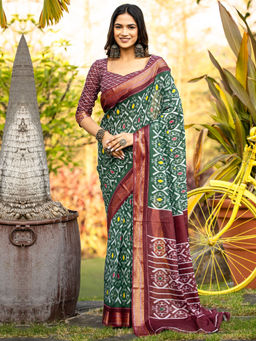 Akhilam - Women Green Cotton Saree with Unstitched Blouse