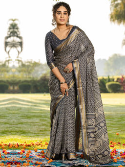 Akhilam - Women Grey Cotton Saree with Unstitched Blouse
