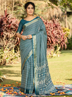 Akhilam - Women Teal Cotton Saree with Unstitched Blouse