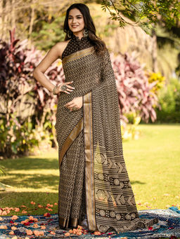Akhilam - Women Brown Cotton Saree with Unstitched Blouse
