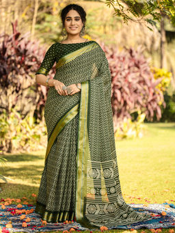 Akhilam - Women Green Cotton Saree with Unstitched Blouse