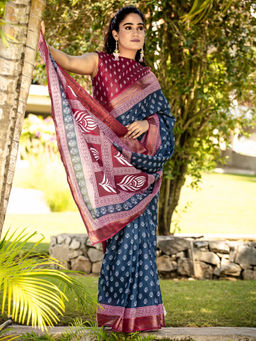 Akhilam - Women Navy Blue Cotton Saree with Unstitched Blouse
