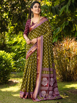 Akhilam - Women Green Cotton Saree with Unstitched Blouse