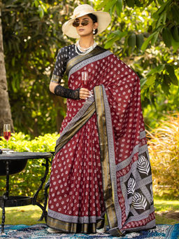 Akhilam - Women Maroon Cotton Saree with Unstitched Blouse
