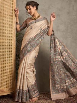 Akhilam - Women Beige Silk Blend Saree with Unstitched Blouse