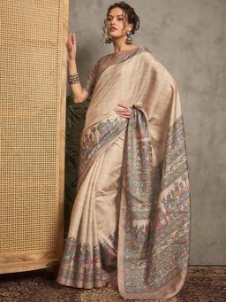 Akhilam - Women Beige Silk Blend Saree with Unstitched Blouse