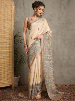 Akhilam - Women Beige Silk Blend Saree with Unstitched Blouse