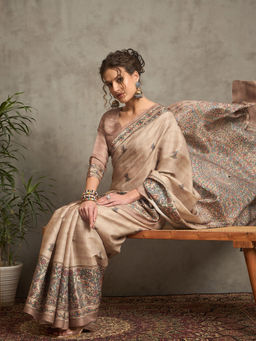 Akhilam - Women Beige Silk Blend Saree with Unstitched Blouse