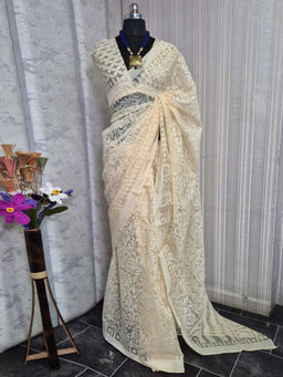 Akhilam - Women Off White Brasso Saree with Unstitched Blouse