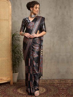 Akhilam - Women Black Crepe Saree with Unstitched Blouse