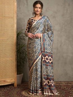 Akhilam - Women Cream Crepe Saree with Unstitched Blouse