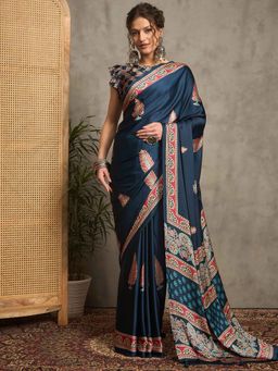 Akhilam - Women Teal Crepe Saree with Unstitched Blouse
