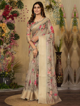 Akhilam - Women Beige Cotton Blend Saree with Unstitched Blouse