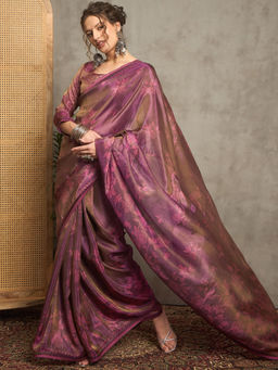 Akhilam - Women Magenta Tissue Saree with Unstitched Blouse