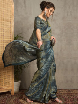 Akhilam - Women Grey Tissue Saree with Unstitched Blouse