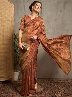 Akhilam - Women Brown Tissue Saree with Unstitched Blouse