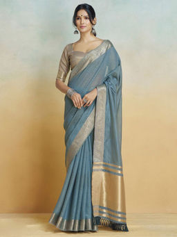 Akhilam - Women Grey Cotton Blend Saree with Unstitched Blouse