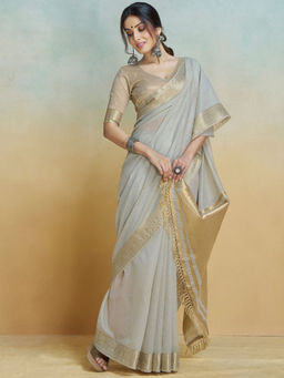 Akhilam - Women Off White Cotton Blend Saree with Unstitched Blouse