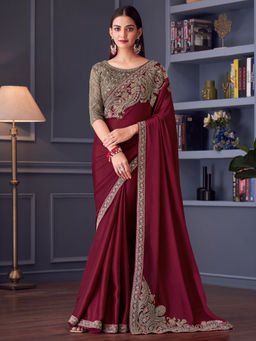 Akhilam - Women Maroon Satin Saree with Unstitched Blouse