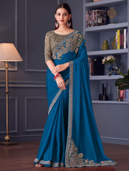 Akhilam - Women Blue Satin Saree with Unstitched Blouse