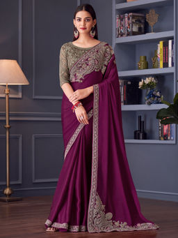 Akhilam - Women Magenta Satin Saree with Unstitched Blouse