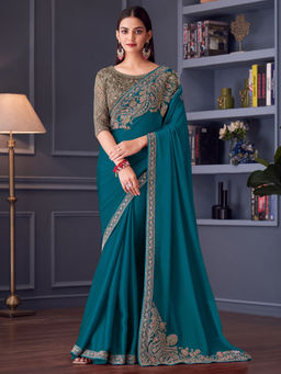 Akhilam - Women Teal Satin Saree with Unstitched Blouse