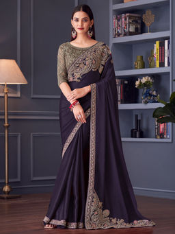 Akhilam - Women Purple Satin Saree with Unstitched Blouse