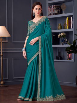 Akhilam - Women Blue Chiffon Saree with Unstitched Blouse