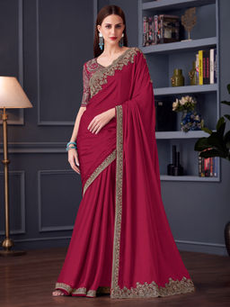 Akhilam - Women Maroon Chiffon Saree with Unstitched Blouse