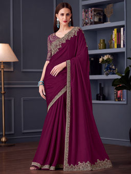 Akhilam - Women Magenta Chiffon Saree with Unstitched Blouse