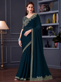 Akhilam - Women Teal Chiffon Saree with Unstitched Blouse