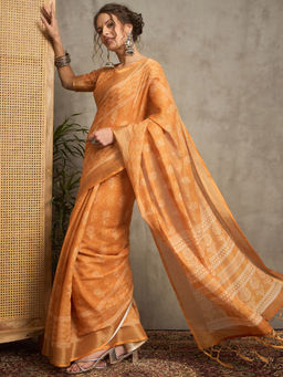 Akhilam - Women Orange Linen Saree with Unstitched Blouse