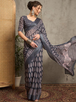 Akhilam - Women Grey Linen Saree with Unstitched Blouse