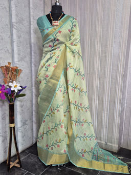 Akhilam - Women Green Linen Blend Saree with Unstitched Blouse