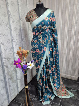 Akhilam - Women Teal Satin Saree with Unstitched Blouse