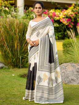 Akhilam - Women White Silk Blend Saree with Unstitched Blouse