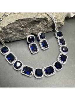 Putstyle - Sapphire Blue American Diamond Necklace with Earrings Set- Navy Blue