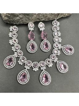 Putstyle - Faux American Diamond Necklace with Earrings Set - Lavender