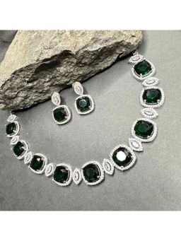 Putstyle - Faux American Diamond Necklace with Earrings Set - Emerald Green