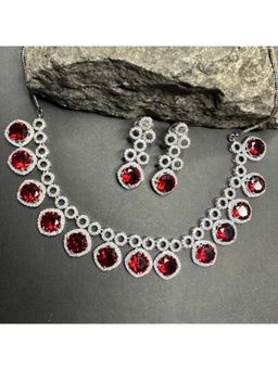 Putstyle - Classic Silver Tone Red American Diamond Necklace with Earrings Set