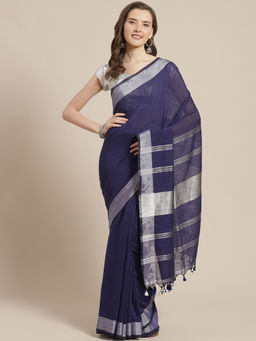 LAA CALCUTTA - Blue and Silver Silk cotton Handloom Saree with Unstitched Blouse
