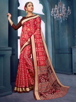 Akhilam - Womens Bhagalpuri Silk Red Printed Designer Saree with Unstitched Blouse