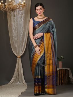 Akhilam - Womens Aura Silk Grey Woven Design Saree with Unstitched Blouse