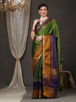 Akhilam - Womens Aura Silk Green Woven Design Saree with Unstitched Blouse