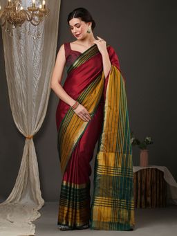 Akhilam - Womens Aura Silk Maroon Woven Design Saree with Unstitched Blouse