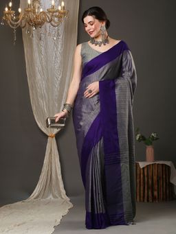Akhilam - Womens Aura Silk Grey Woven Design Saree with Unstitched Blouse