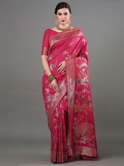Akhilam - Womens Silk Blend Pink Woven Design Saree with Unstitched Blouse