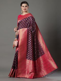 Akhilam - Womens Silk Blend Purple Woven Design Saree with Unstitched Blouse