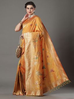 Akhilam - Womens Silk Blend Yellow Woven Design Saree with Unstitched Blouse