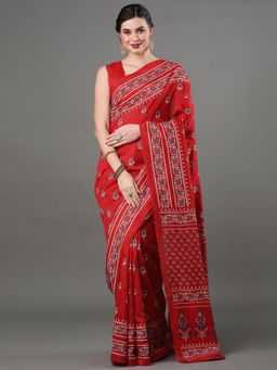 Akhilam - Womens Bhagalpuri Silk Red Printed Designer Saree with Unstitched Blouse